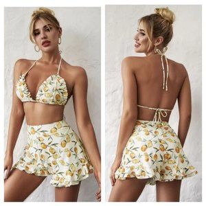 Orange Frill Halter Triangle Bikini Shorts Swimsuit Set